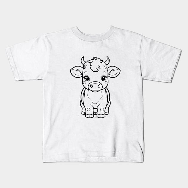 Cute Baby Cow Animal Outline Kids T-Shirt by Zenflow